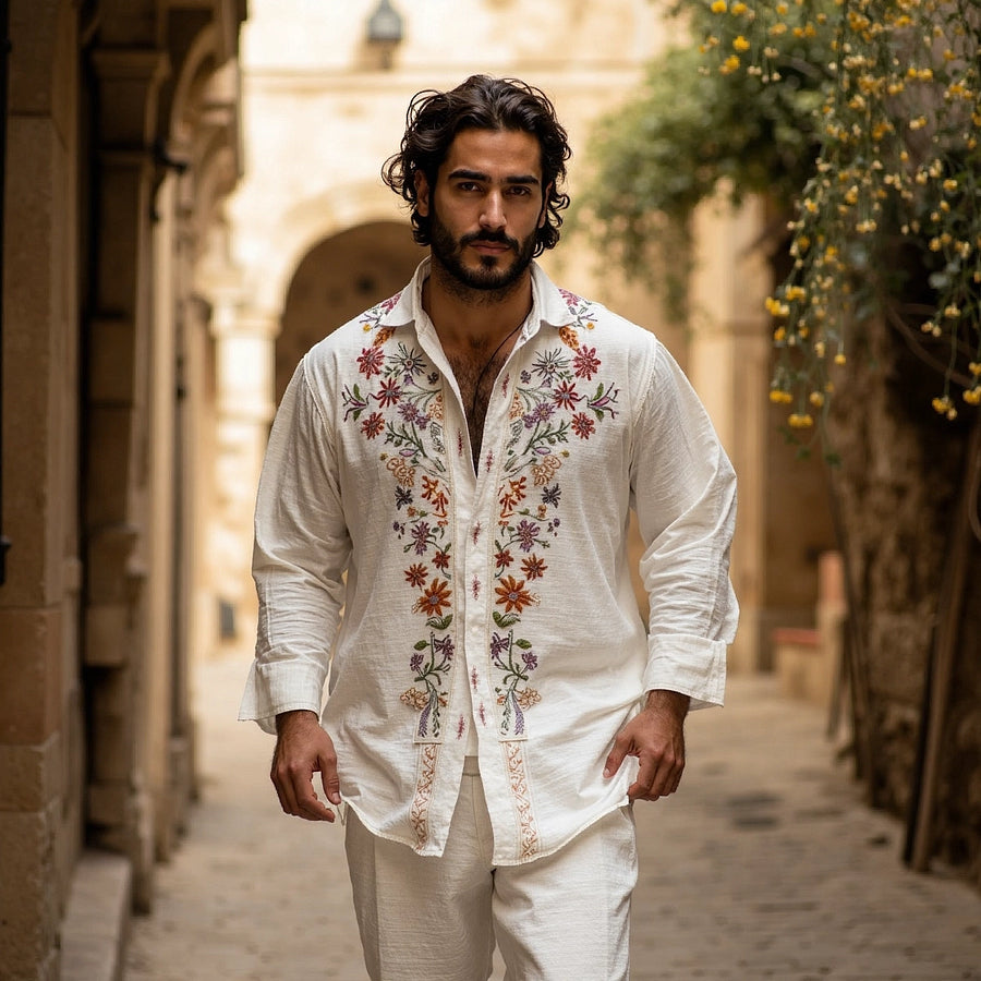 Cardydony Men's Floral Embroidered Linen Casual Long Sleeve Shirt