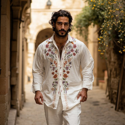Cardydony Men's Floral Embroidered Linen Casual Long Sleeve Shirt