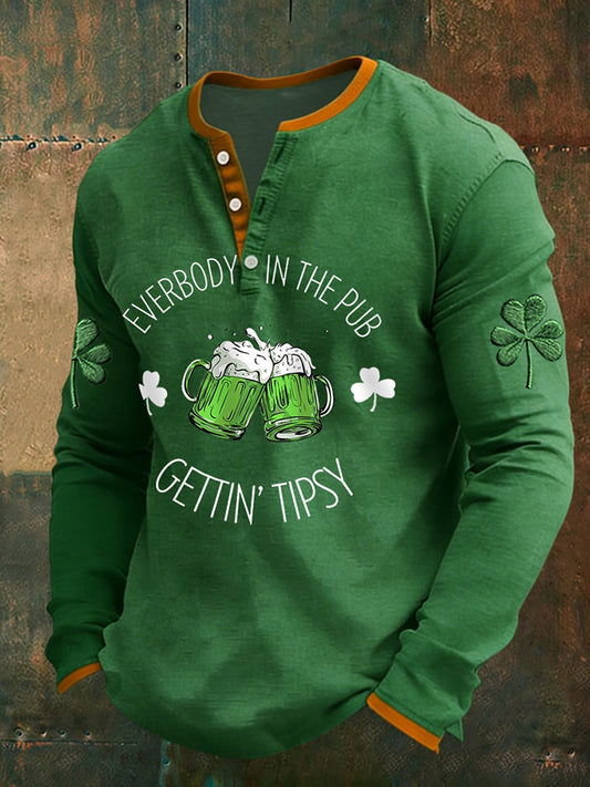 Cardydony Men's Funny St Patrick's Day Everybody In The Pub Gettin Tipsy Green Beer Shamrock Print Long Sleeve T-shirt