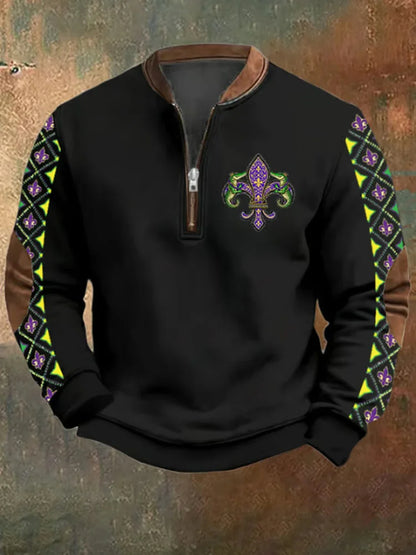 Cardydony Men's New Orleans Mardi Gras Print Zip Collar Sweatshirt