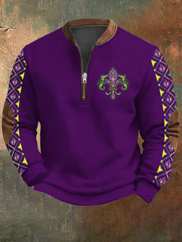 Cardydony Men's New Orleans Mardi Gras Print Zip Collar Sweatshirt