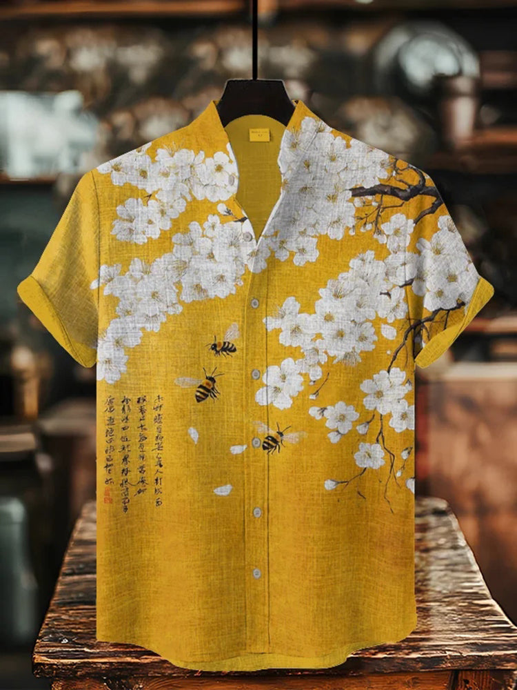 Cardydony Men's Retro Calligraphy Cherry Blossom Tree Several Bees Print Casual Shirt