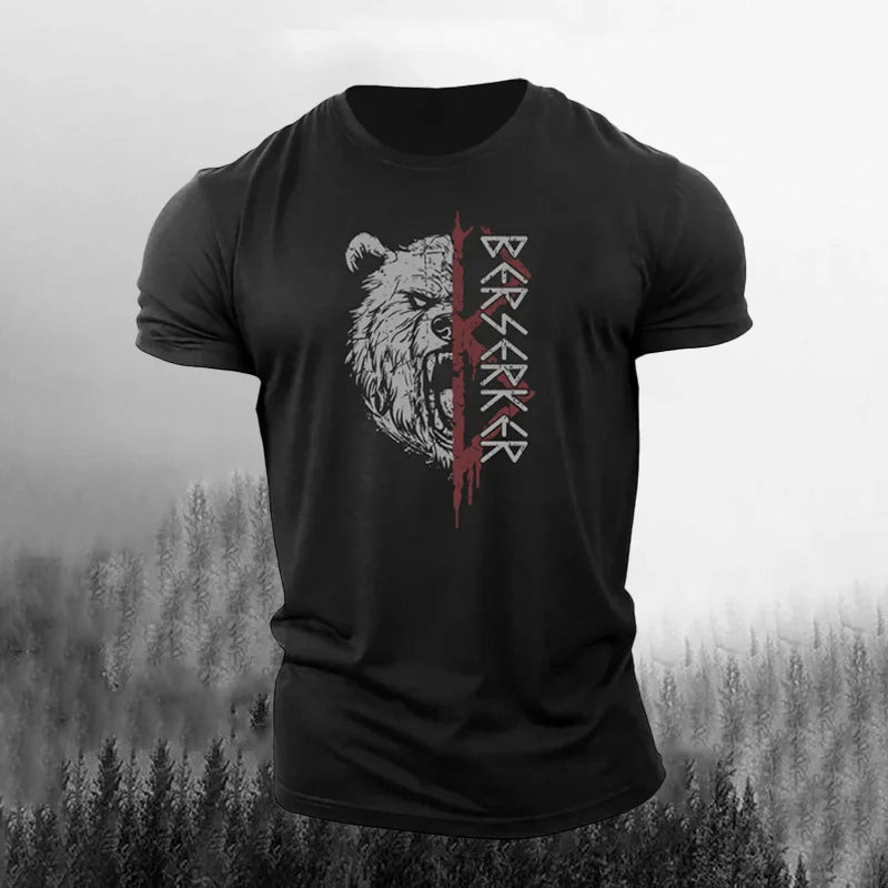 Cardydony Men's Retro Viking Bear And Rune Print Short-sleeve T-shirt