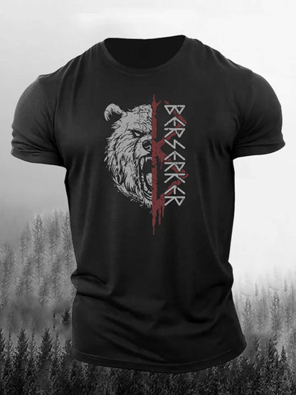 Cardydony Men's Retro Viking Bear And Rune Print Short-sleeve T-shirt