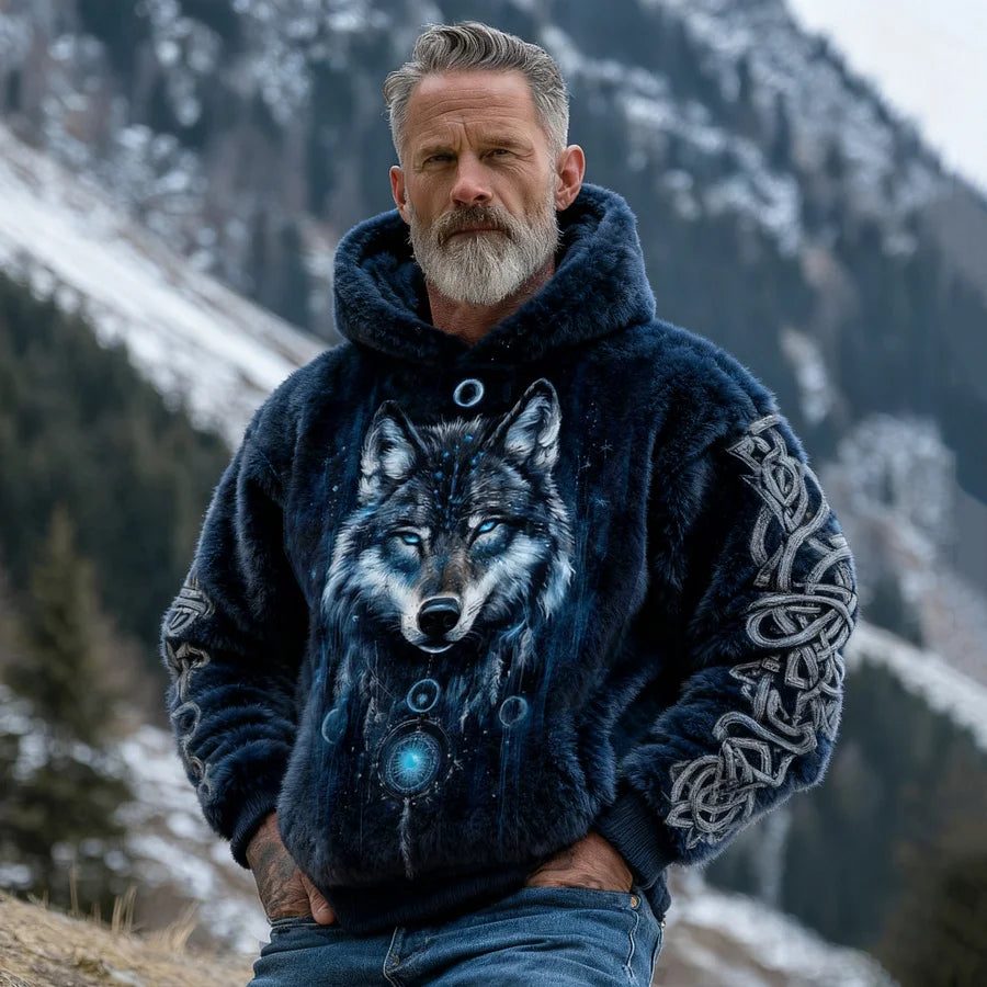 Cardydony Men's Retro Viking Wolf Celtic Design Pattern Flannel Hoodie