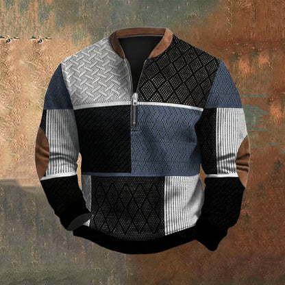 Cardydony Men's Retro Western Textured Print Zip Collar Sweatshirt