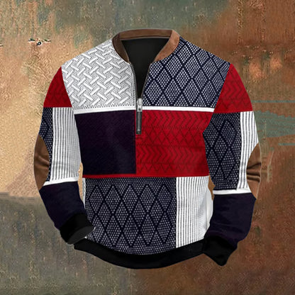 Cardydony Men's Retro Western Textured Print Zip Collar Sweatshirt