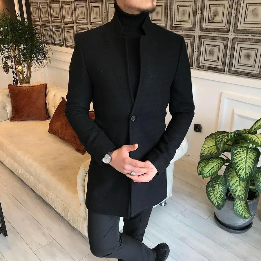 Cardydony Men's Solid Color Business Standing Collar Mid Length Coat