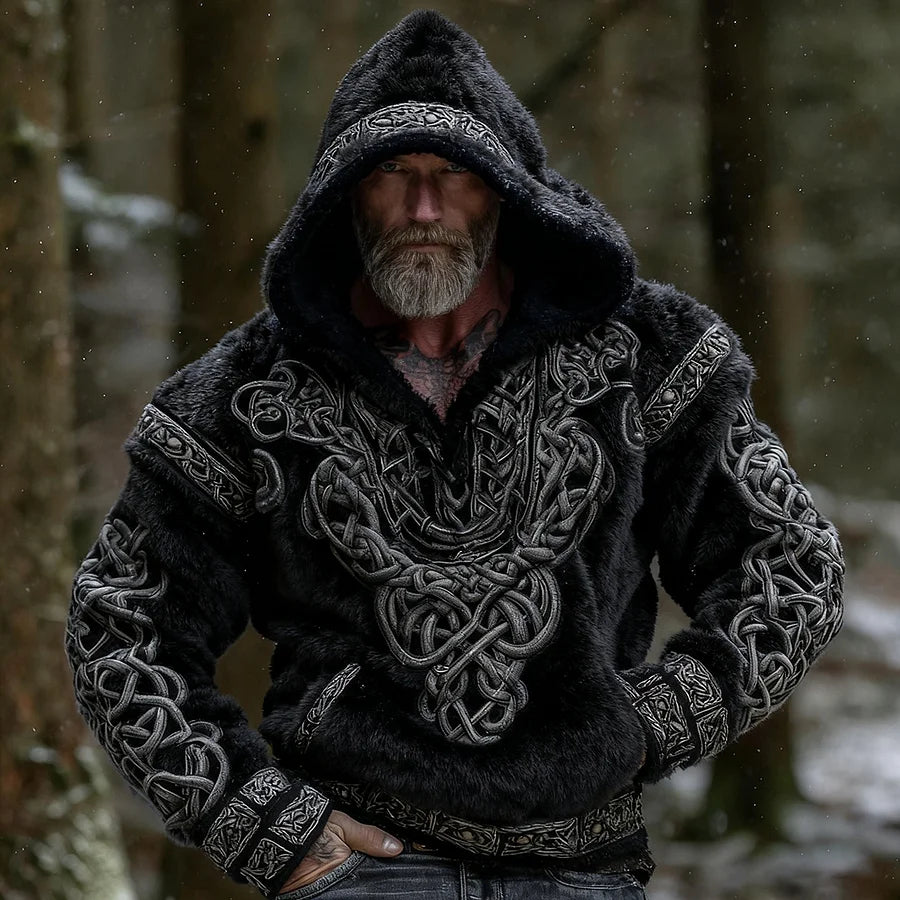 Cardydony Men's Viking Tribal Celtic Knot Jacquard Art Plush Warm Flannel Hoodie