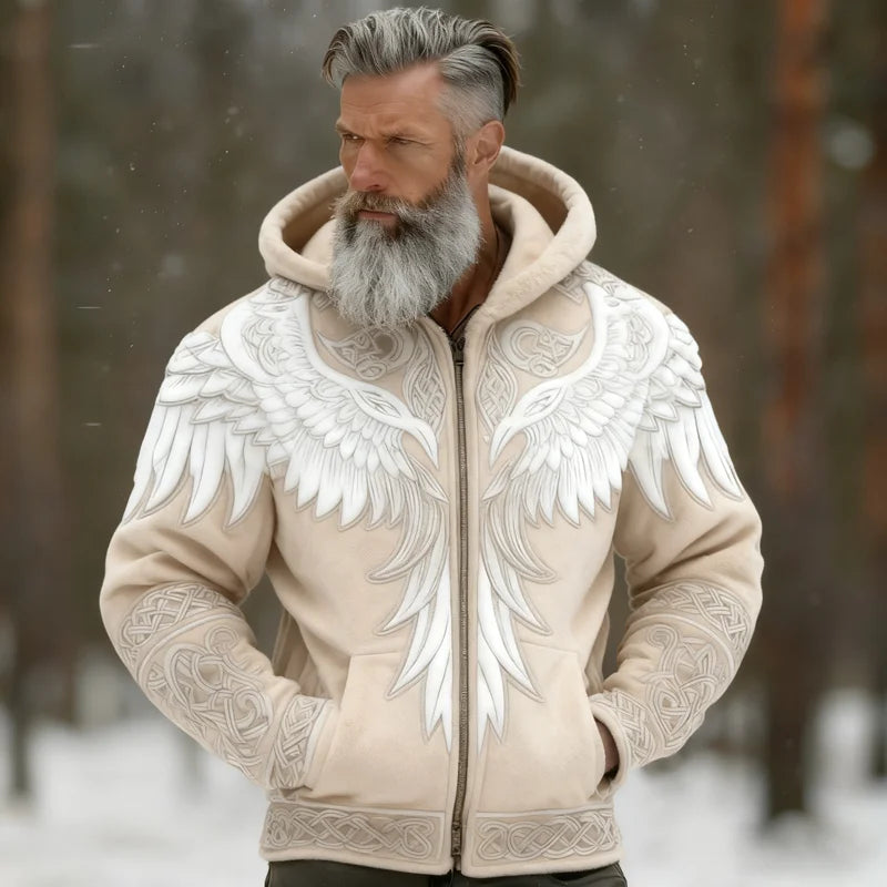 Cardydony Men's Viking Tribal Jacquard Celtic With Wings Inspired Art Plush Warm Zipped Hooded Jacket