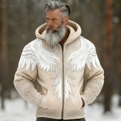 Cardydony Men's Viking Tribal Jacquard Celtic With Wings Inspired Art Plush Warm Zipped Hooded Jacket