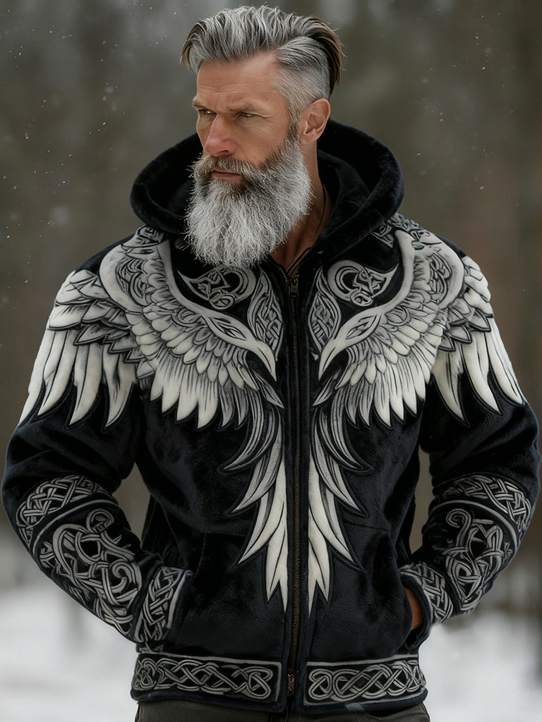 Cardydony Men's Viking Tribal Jacquard Celtic With Wings Inspired Art Plush Warm Zipped Hooded Jacket