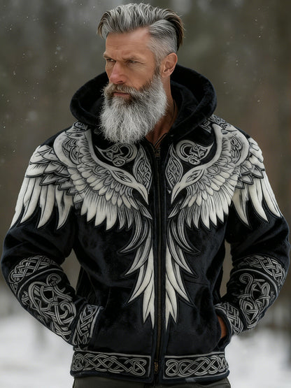 Cardydony Men's Viking Tribal Jacquard Celtic With Wings Inspired Art Plush Warm Zipped Hooded Jacket