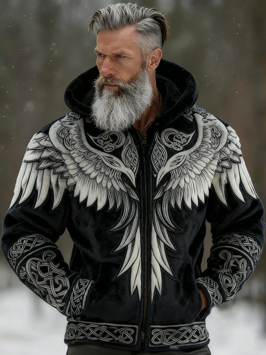 Cardydony Men's Viking Tribal Jacquard Celtic With Wings Inspired Art Plush Warm Zipped Hooded Jacket