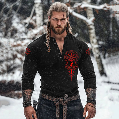 Cardydony Men's Viking Tribe Basic Button V-neck Long Sleeve T-shirt