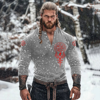 Cardydony Men's Viking Tribe Basic Button V-neck Long Sleeve T-shirt