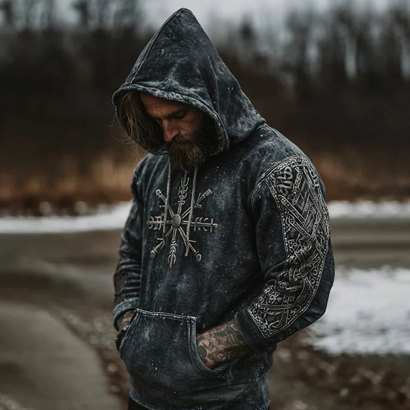 Cardydony Men's Viking Vegvisir Runes Graphics Washed Hoodies