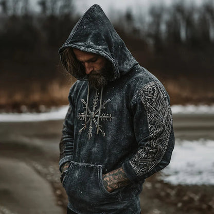 Cardydony Men's Viking Vegvisir Runes Graphics Washed Hoodies