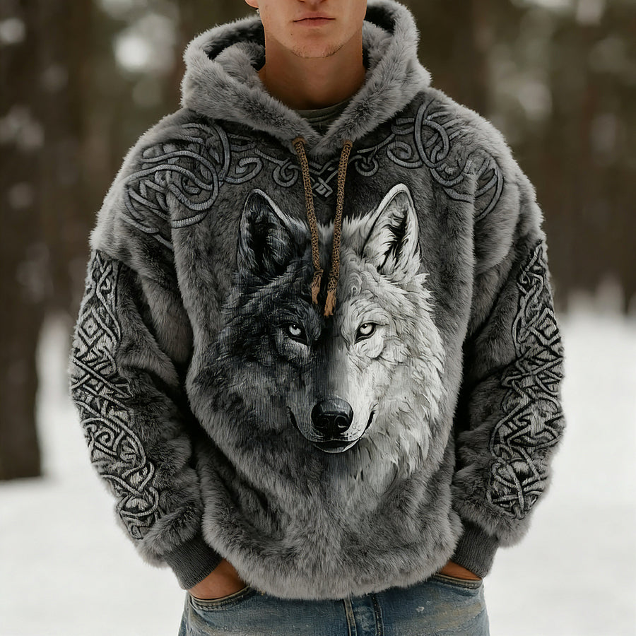 Cardydony Men's Viking Wolf Celtic Art Flannel Cozy Warm Hoodie