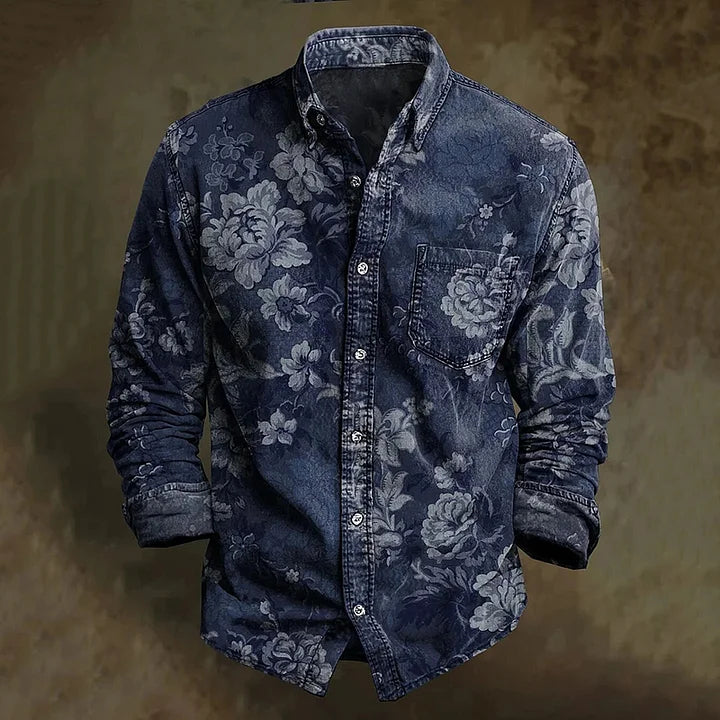 Cardydony Men's Vintage Floral Art Printed Cozy Long Sleeve Shirt