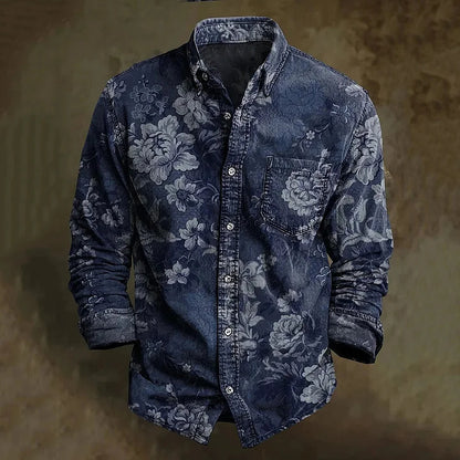 Cardydony Men's Vintage Floral Art Printed Cozy Long Sleeve Shirt