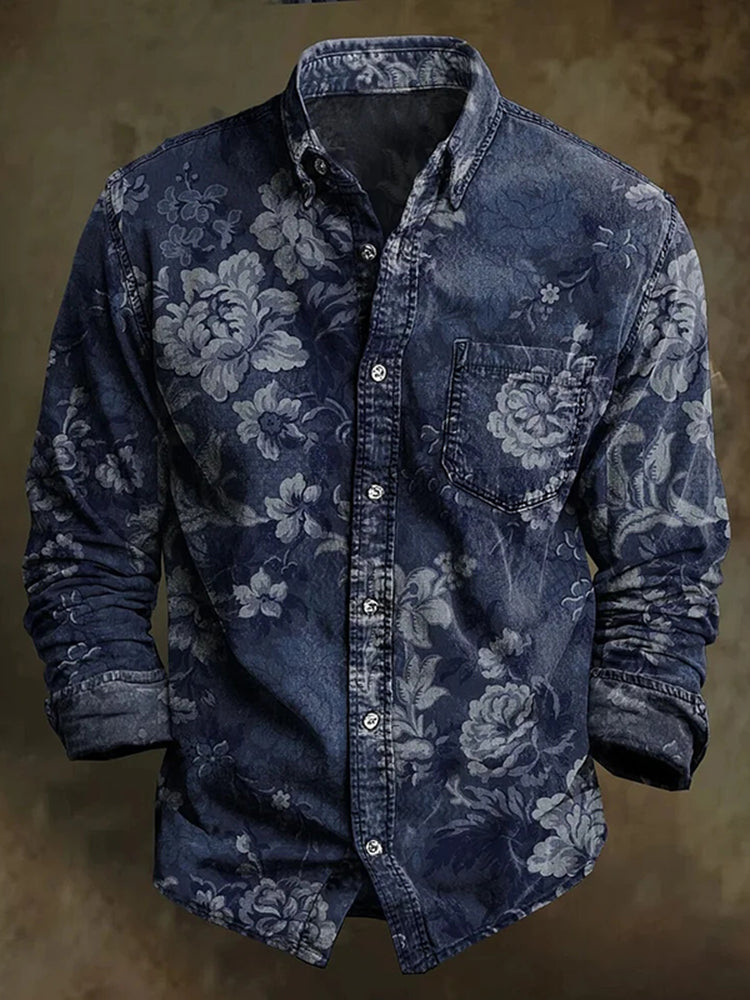 Cardydony Men's Vintage Floral Art Printed Cozy Long Sleeve Shirt