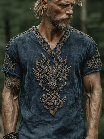 Cardydony Men's Vintage Viking Dragon Celtic Art Linen Blend T-shirt