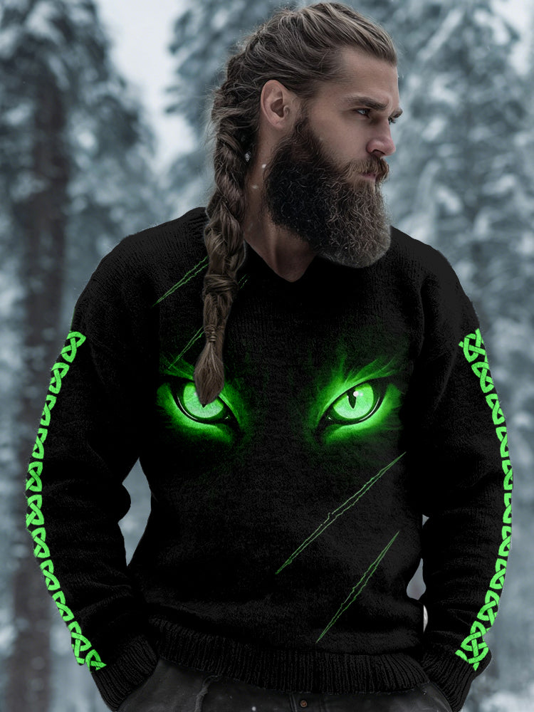 Cardydony Men's Wolf Wolf Eyes Celtic Knot V Neck Cozy Knit Sweater