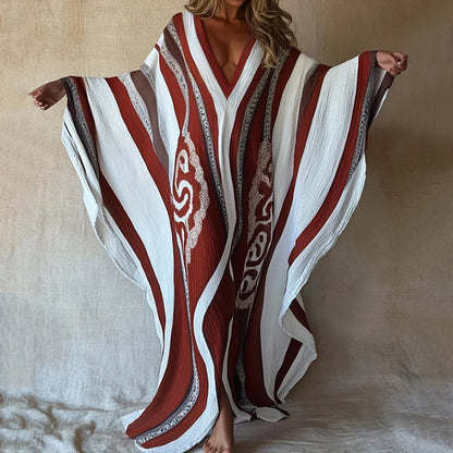 Cardydony Nomad Spirit Ladies' Brushstroke Symphony Art Linen V-neck Long Kaftan