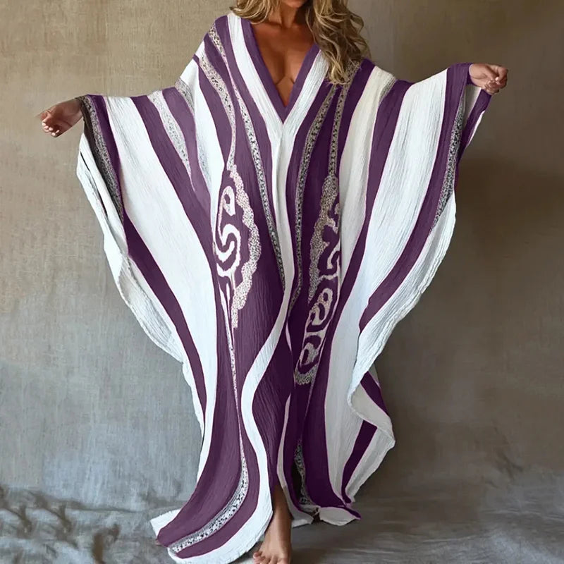 Cardydony Nomad Spirit Ladies' Brushstroke Symphony Art Linen V-neck Long Kaftan