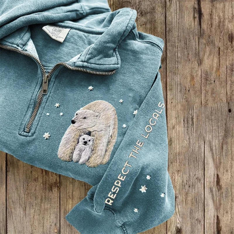 Cardydony Respect The Locals Polar Bears Embroidered Zip Up Sweatshirt