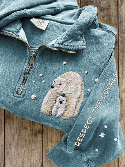 Cardydony Respect The Locals Polar Bears Embroidered Zip Up Sweatshirt
