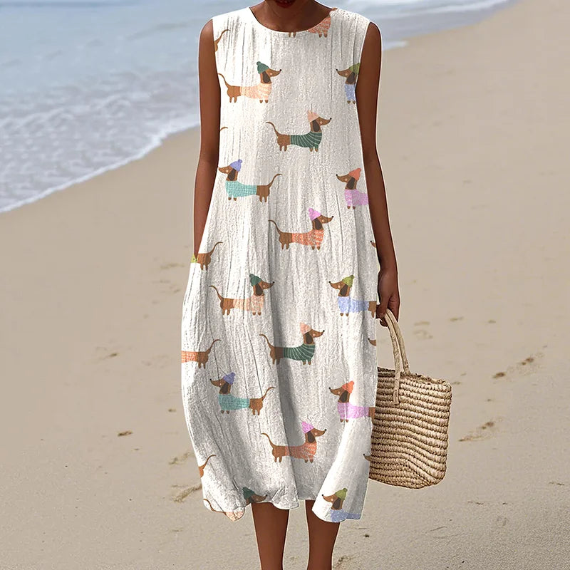 Cardydony Retro Cute Dachshund Dog Art Linen Tank Midi Dress