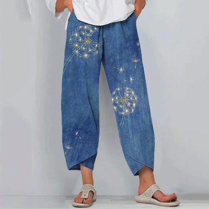 Cardydony Retro Japanese Traditional Sashiko Dandelion Art Pattern Cropped Casual Pants