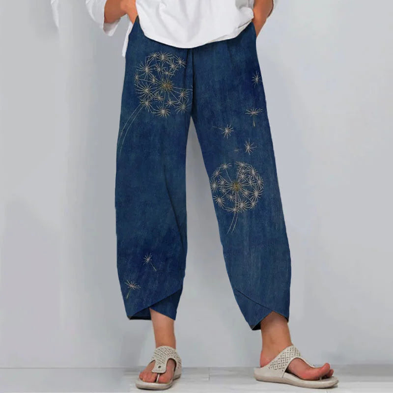 Cardydony Retro Japanese Traditional Sashiko Dandelion Art Pattern Cropped Casual Pants