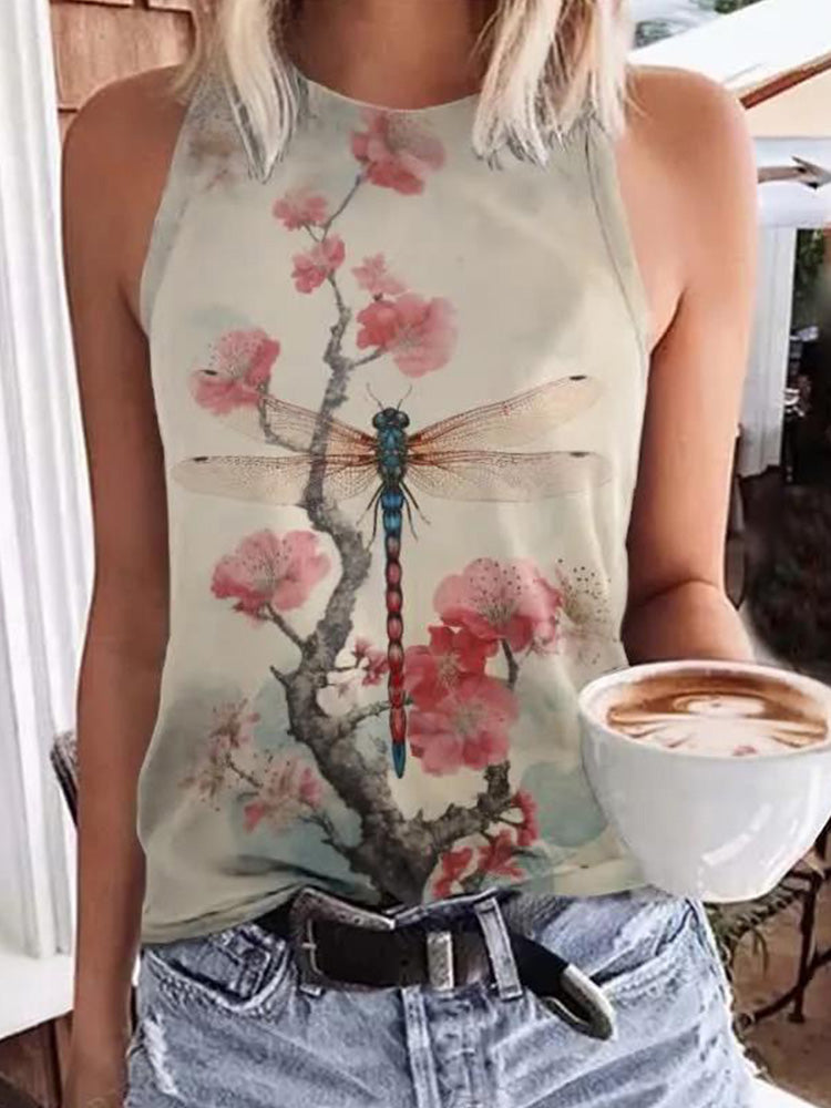 Cardydony Retro Plum Blossom Dragonfly Japanese Art Print Crew Neck Tank Top