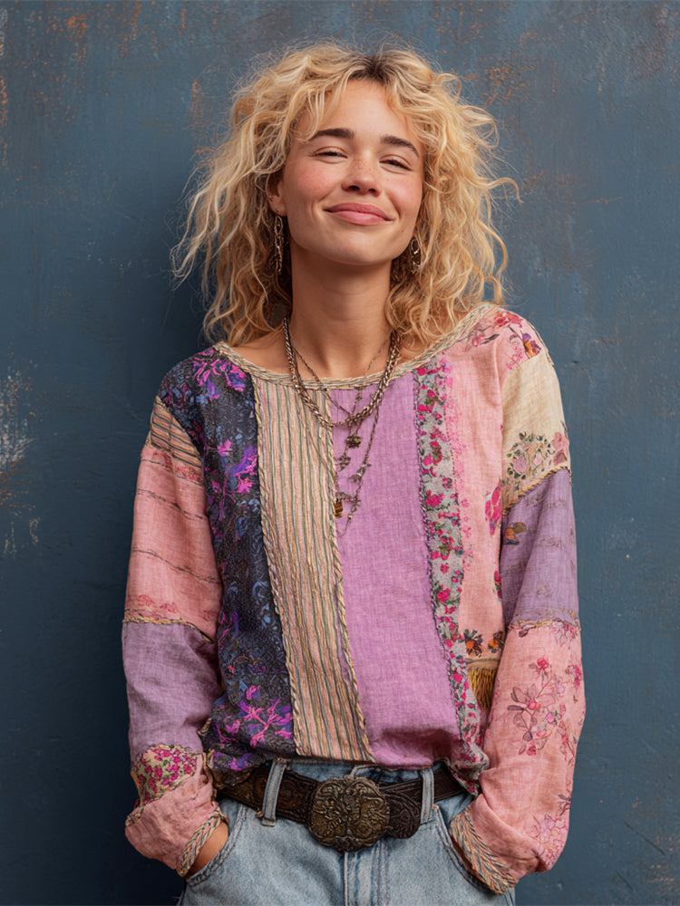 Cardydony Rustic Boho Floral Patchwork Art Women's Linen Long Sleeve Shirt