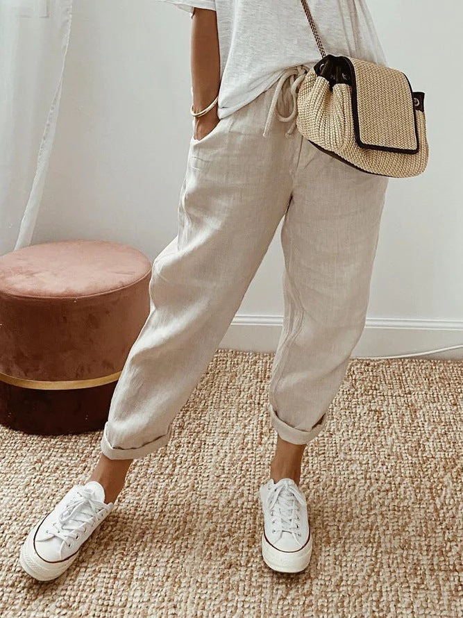 Cardydony Solid Color Insert Pocket Drawstring Casual Pants