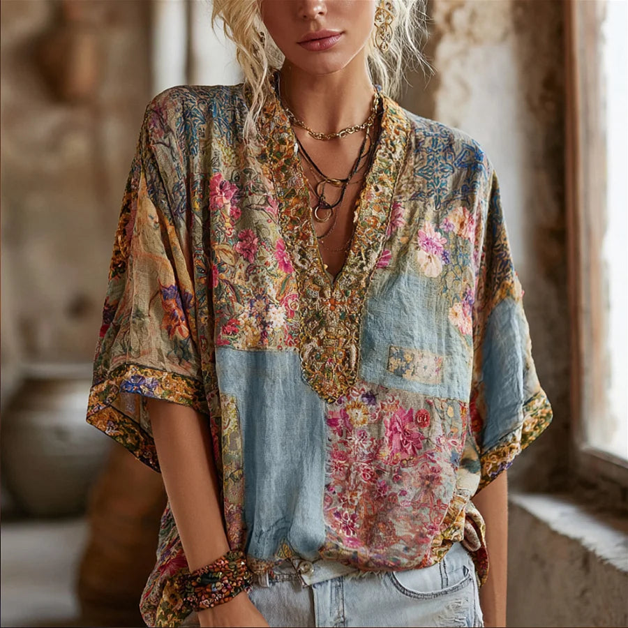 Cardydony Three-dimensional Embroidery Rare Item Flower Vintage Tie-dye V-neck Short-sleeved Shirt