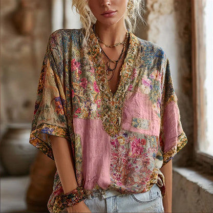 Cardydony Three-dimensional Embroidery Rare Item Flower Vintage Tie-dye V-neck Short-sleeved Shirt