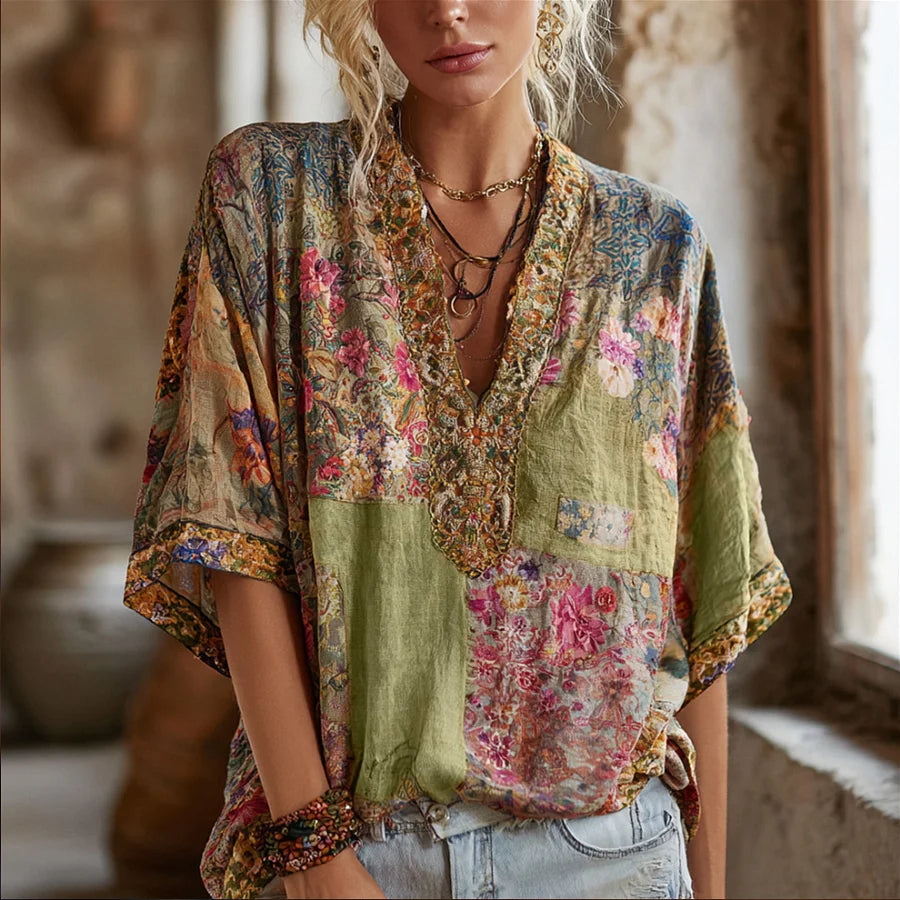 Cardydony Three-dimensional Embroidery Rare Item Flower Vintage Tie-dye V-neck Short-sleeved Shirt