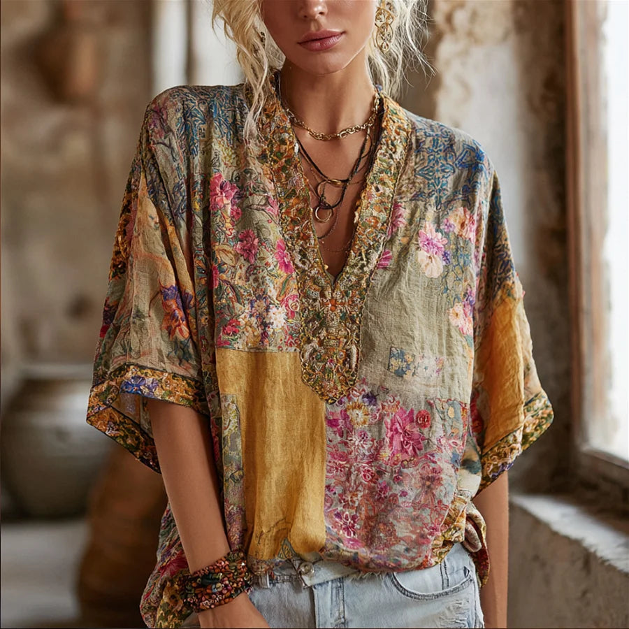 Cardydony Three-dimensional Embroidery Rare Item Flower Vintage Tie-dye V-neck Short-sleeved Shirt
