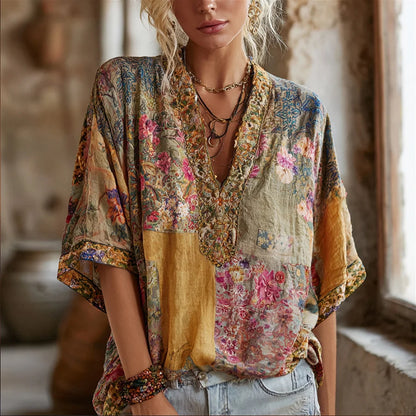 Cardydony Three-dimensional Embroidery Rare Item Flower Vintage Tie-dye V-neck Short-sleeved Shirt