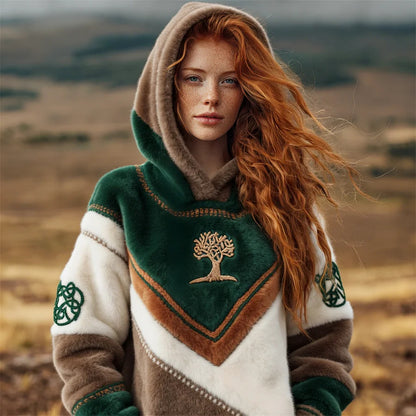 Cardydony Tree Of Life Vintage Patchwork Plush Hooded Sweater