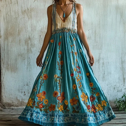 Cardydony Vintage Boho Floral Embroidered V Neck Linen Maxi Dress