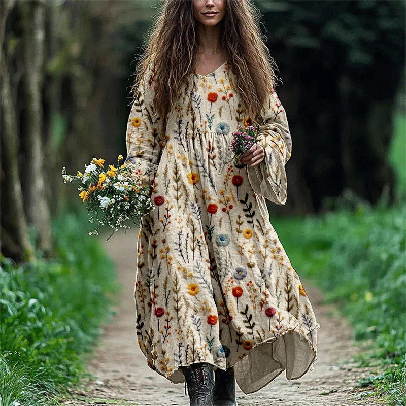 Cardydony Vintage Boho Flowers Embroidered Linen Blend Maxi Dress
