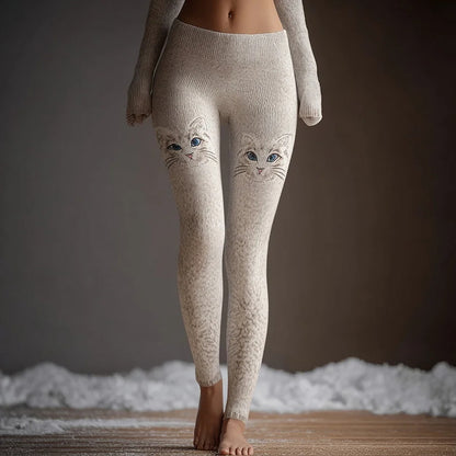 Cardydony Vintage Cat Face Embroidered Comfy Knit Leggings