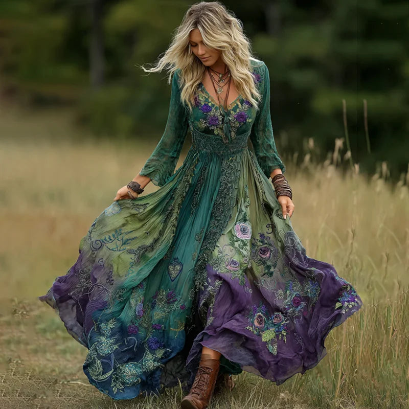 Cardydony Vintage Classy Gradient Purple Lavender And Floral Embroidered Linen Maxi Dress