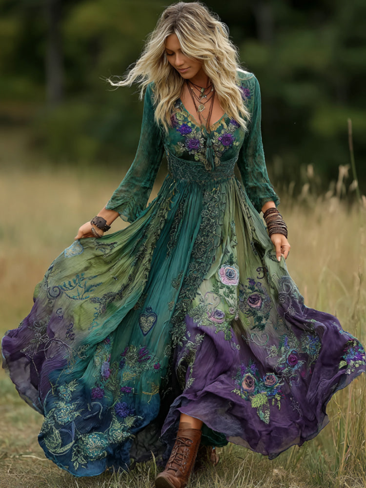 Cardydony Vintage Classy Gradient Purple Lavender And Floral Embroidered Linen Maxi Dress