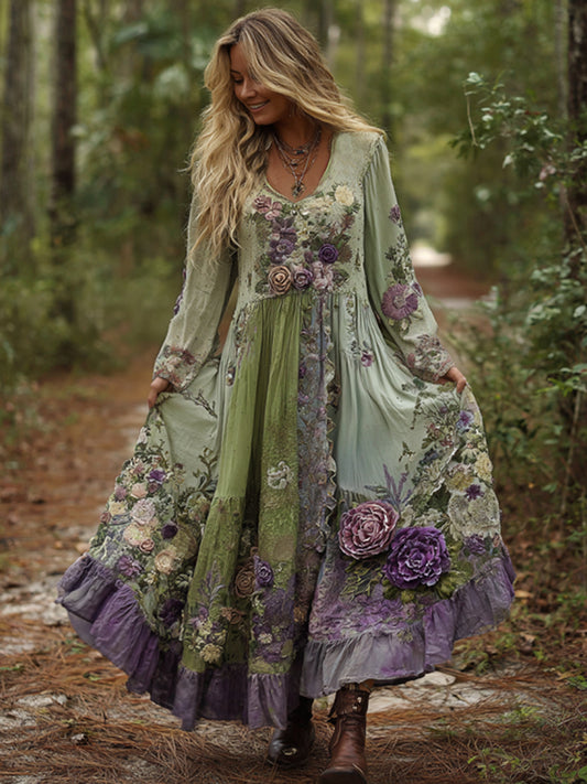 Cardydony Vintage Classy Gradient Purple Lavender And Floral Embroidered Maxi Dress